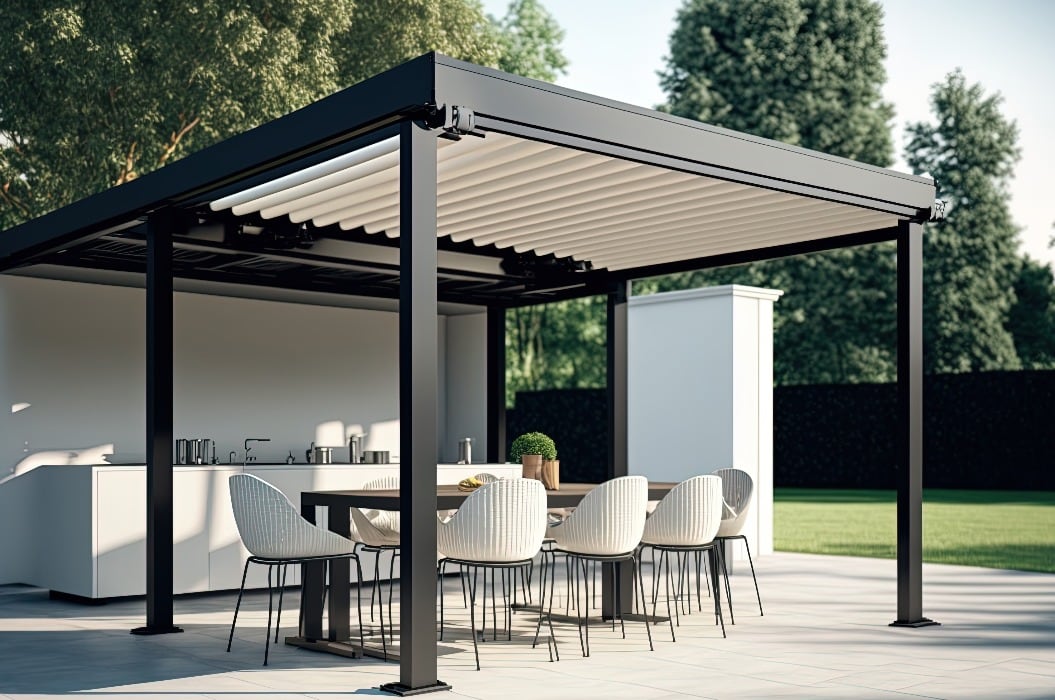 Modern patio furniture include a pergola shade structure, an awning, a patio roof, a dining table, seats, and a metal grill. Generative AI