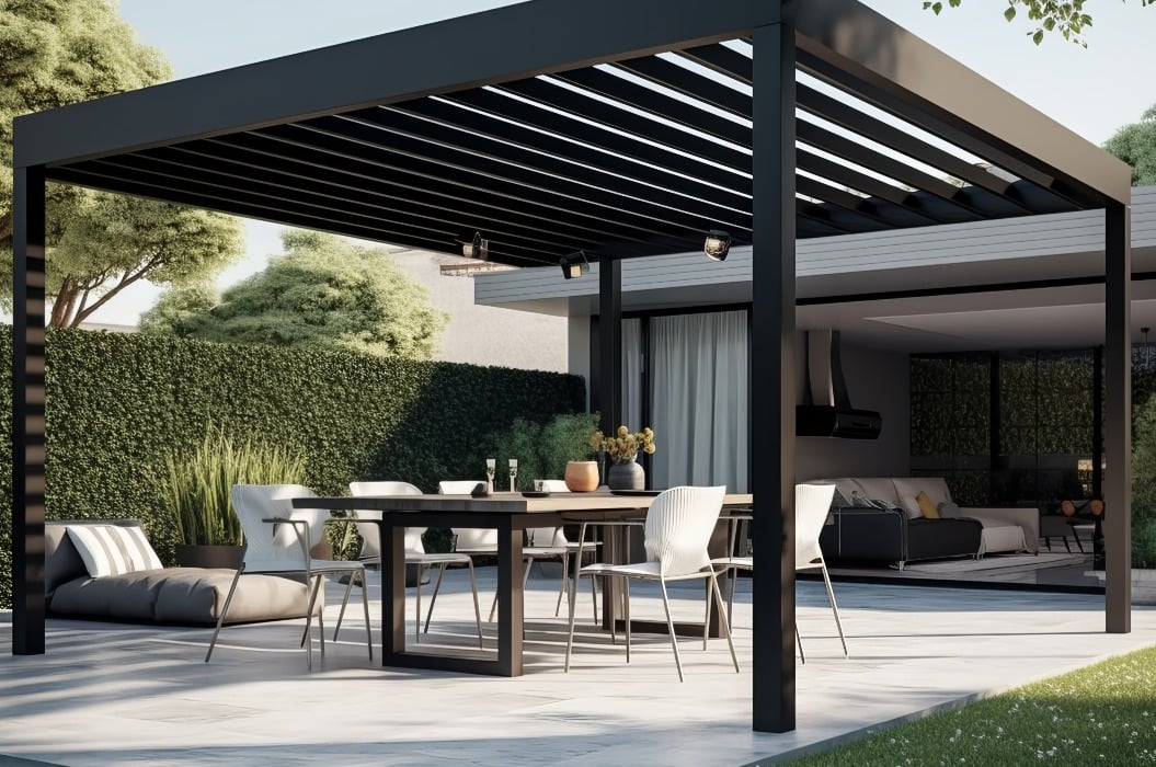 Modern patio furniture include a pergola shade structure, an awning, a patio roof, a dining table, seats, and a metal grill